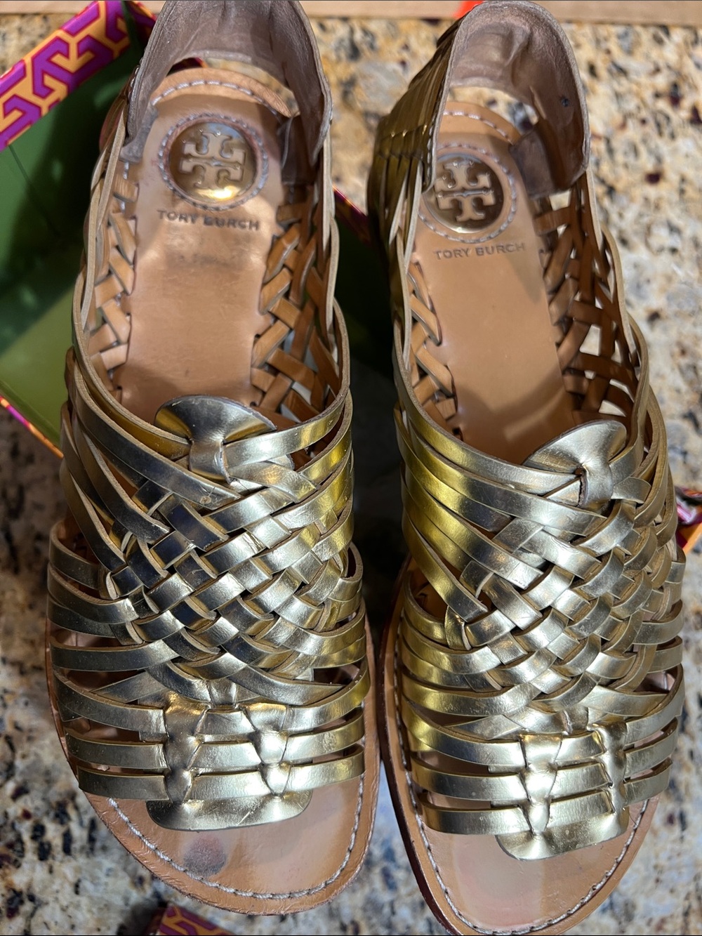 Tory Burch Metallic Gold Woven Leather Sandals